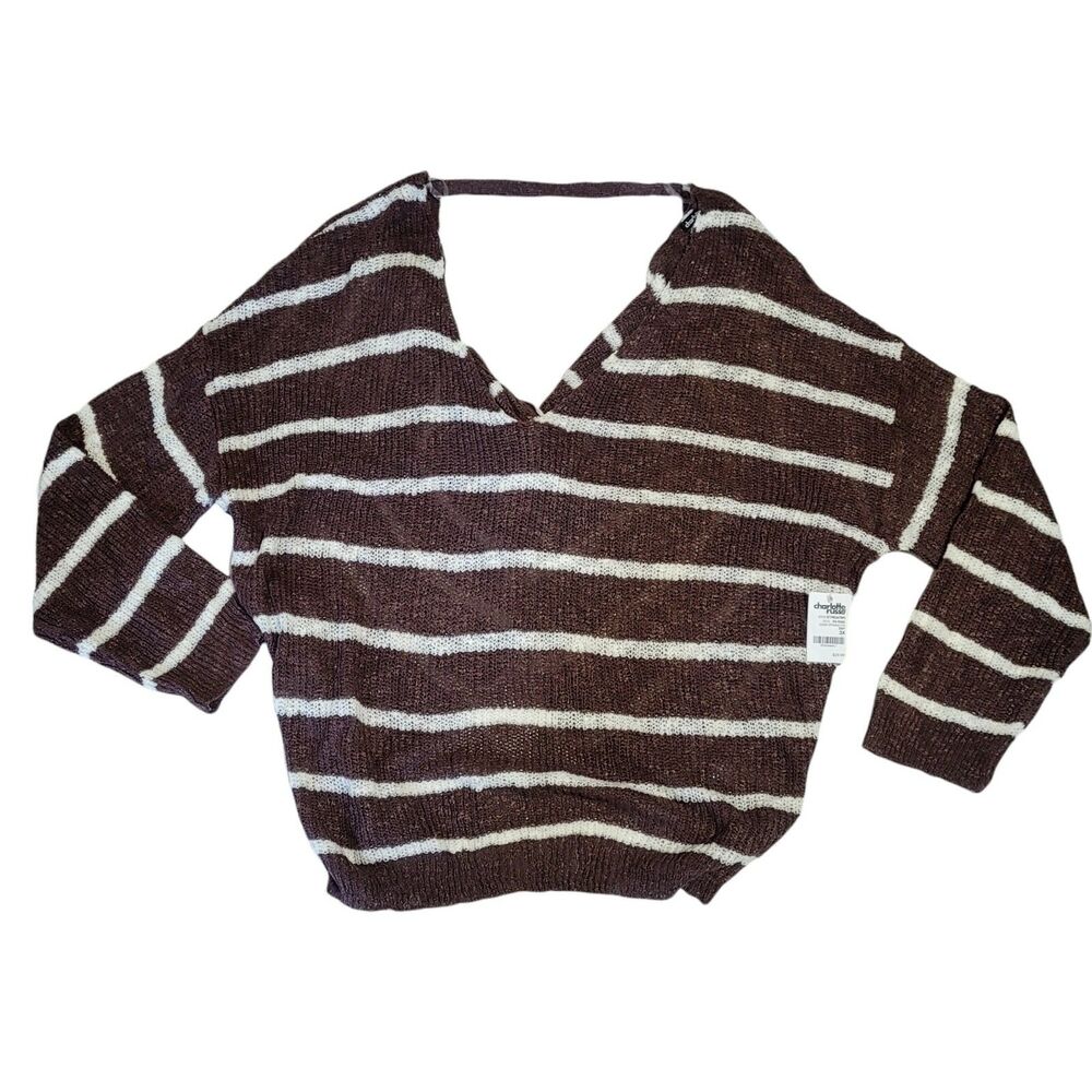 Sweater Womens 3X Charlotte Russe V Neck Knot Twist Back Brown White Stripes NEW